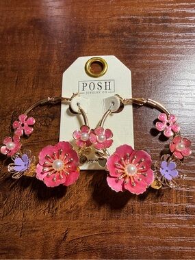 Posh Gold-Tone Hoop Earrings with Pink & Lavender Floral Accents